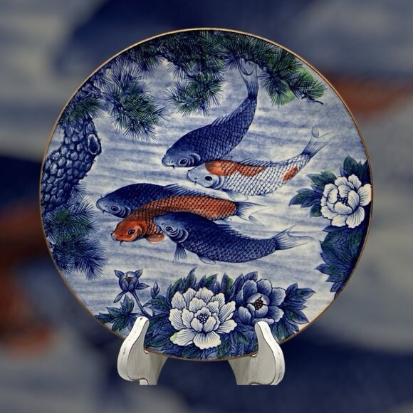 Japanese Vintage Koi Fish and Lotus Blue 12" Charger/Small Platter Collectible - Picture 14 of 14